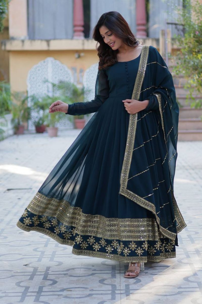 Teal Faux Blooming Gown with Multi-Sequin Dupatta