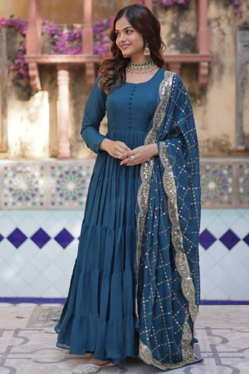 Teal Star Georgette Gown Embroidered with Duaptta