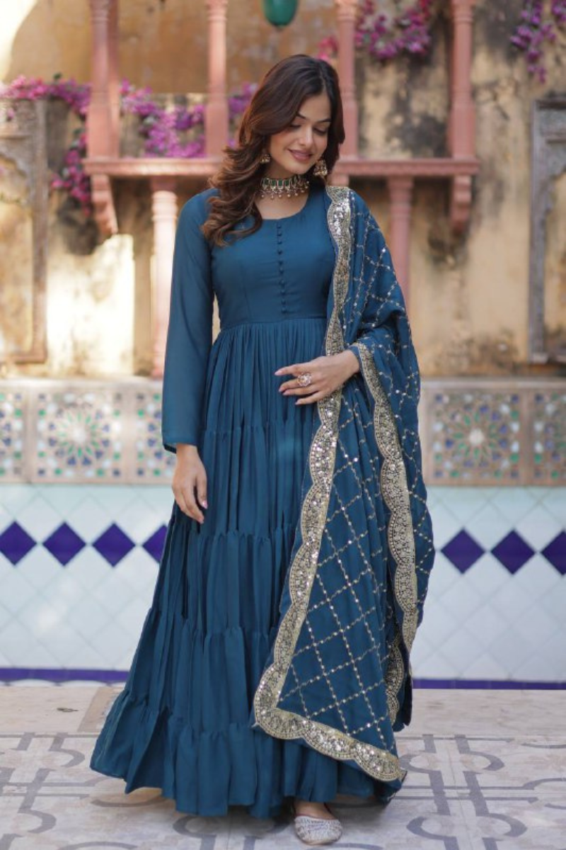 Teal Star Georgette Gown Embroidered with Duaptta