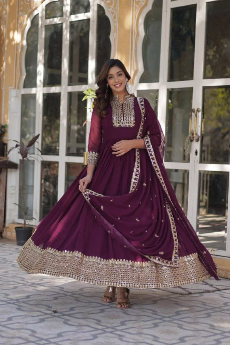 Anarkali with Violet Faux Blooming Gown in Georgette with Dupatta