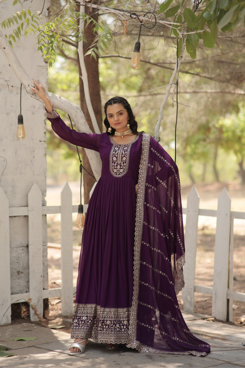 Violet Faux Blooming Gown Embroidered Dupatta