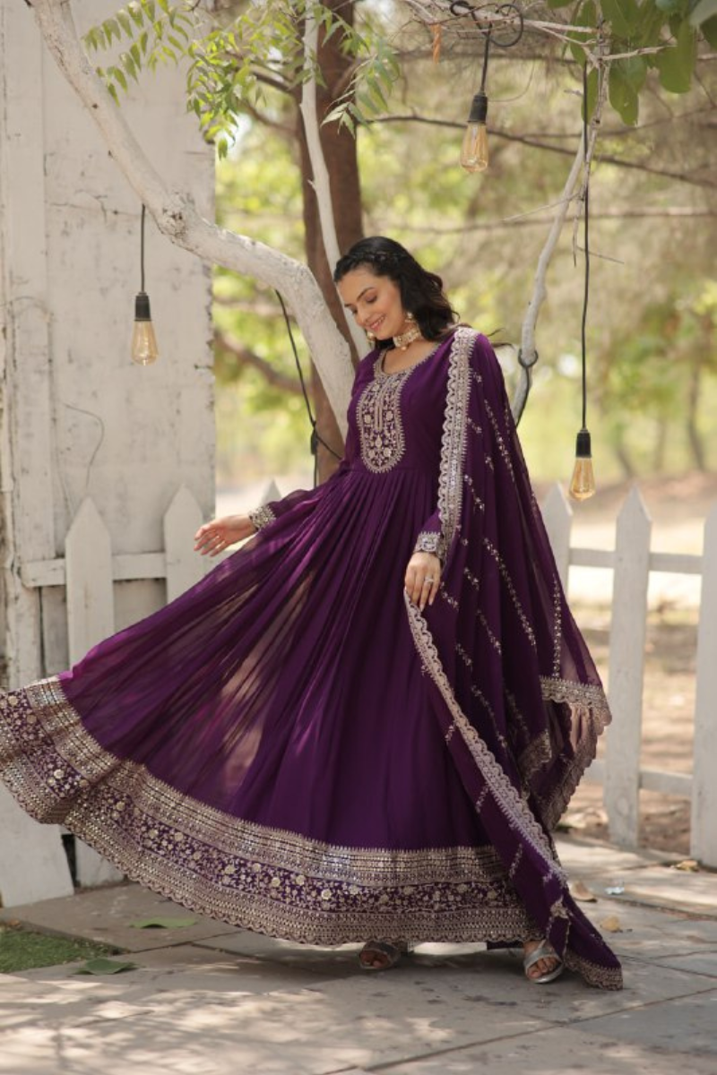 Violet Faux Blooming Gown Embroidered Dupatta