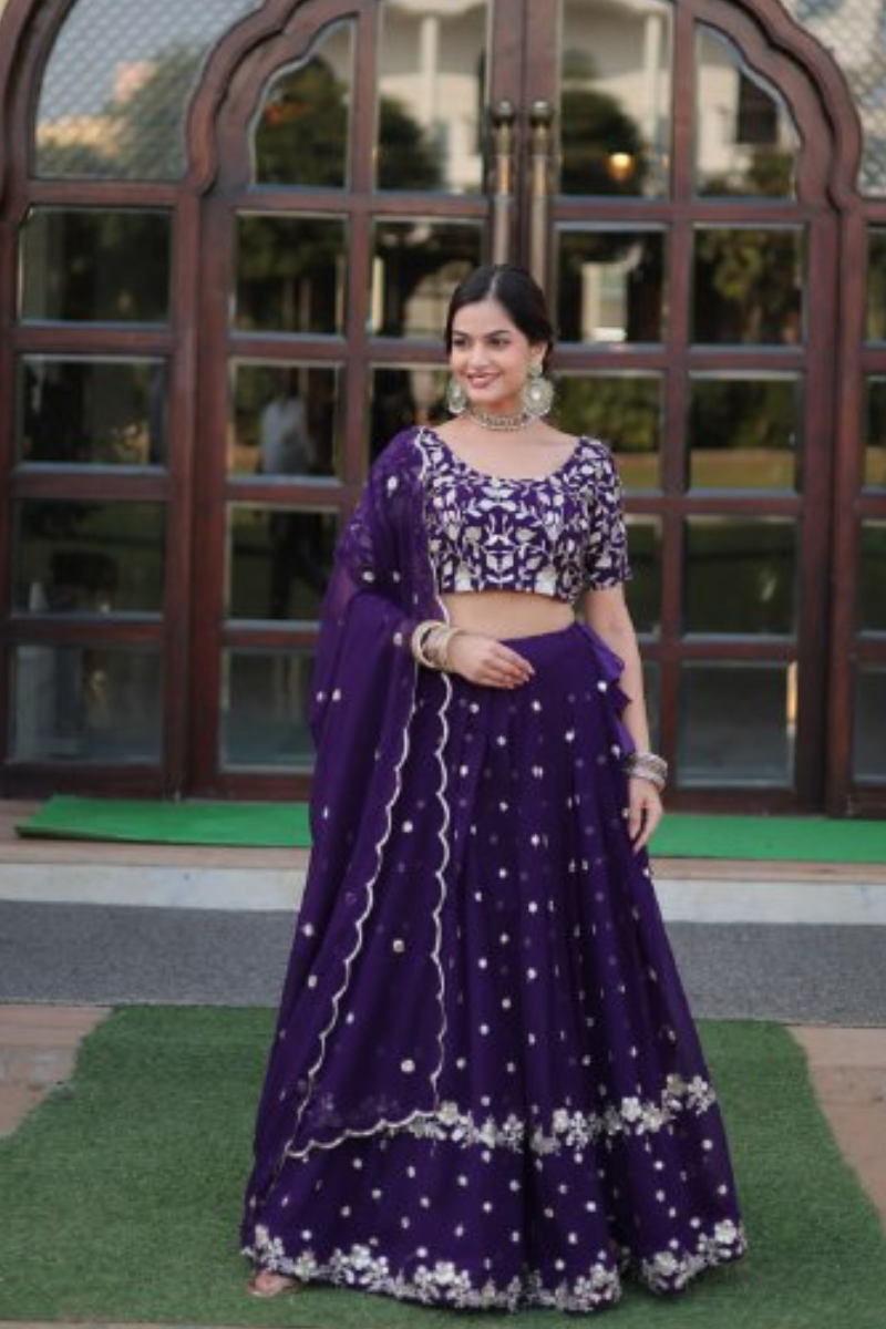 Embroidered Violet Faux Georgette Lehanga Choli Dupatta Set