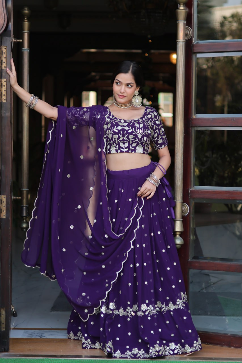 Embroidered Violet Faux Georgette Lehanga Choli Dupatta Set