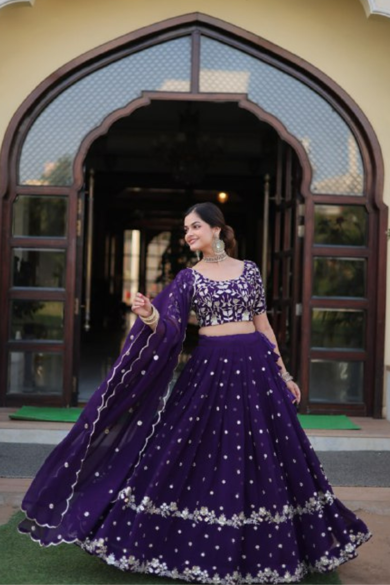 Embroidered Violet Faux Georgette Lehanga Choli Dupatta Set