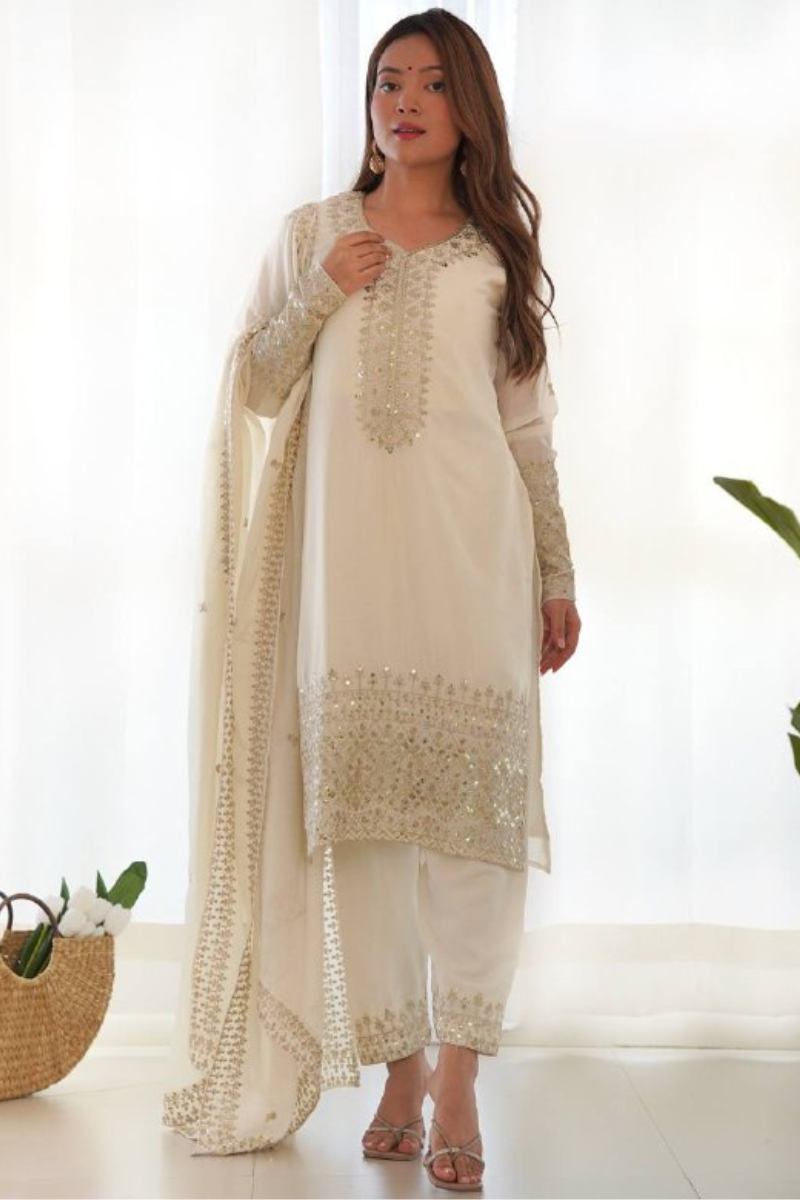 Kurta Dupatta Pant Set in White, Heavy, Pure Soft Organja Silk Print