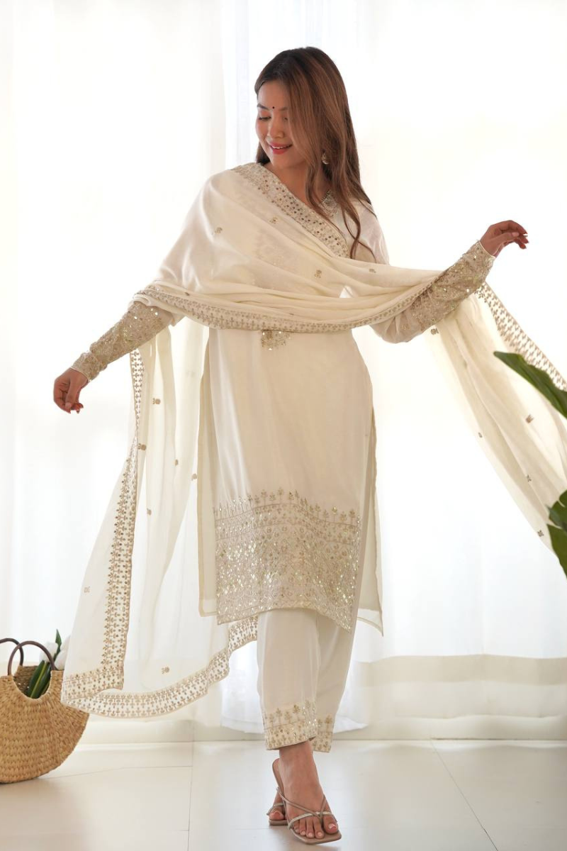 Kurta Dupatta Pant Set in White, Heavy, Pure Soft Organja Silk Print