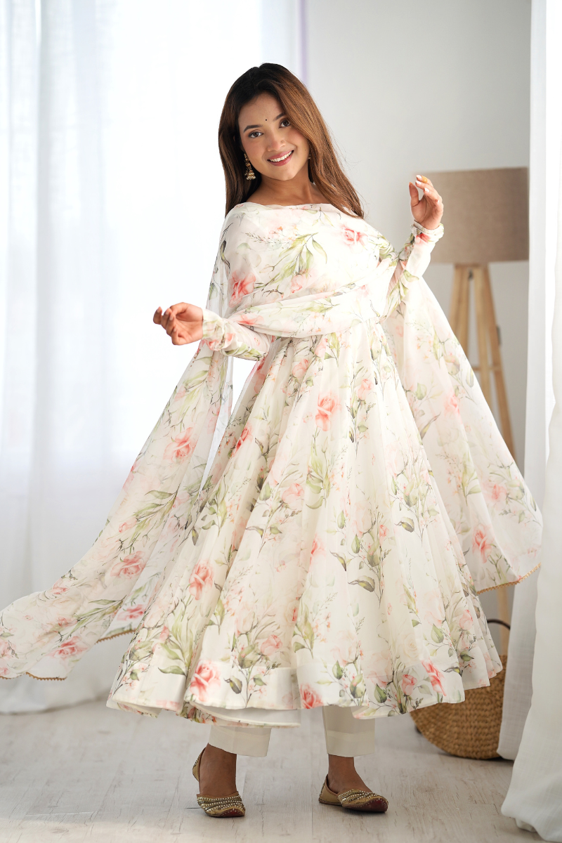 White Gown Dupatta Set with Pure Blooming Rangoli Silk