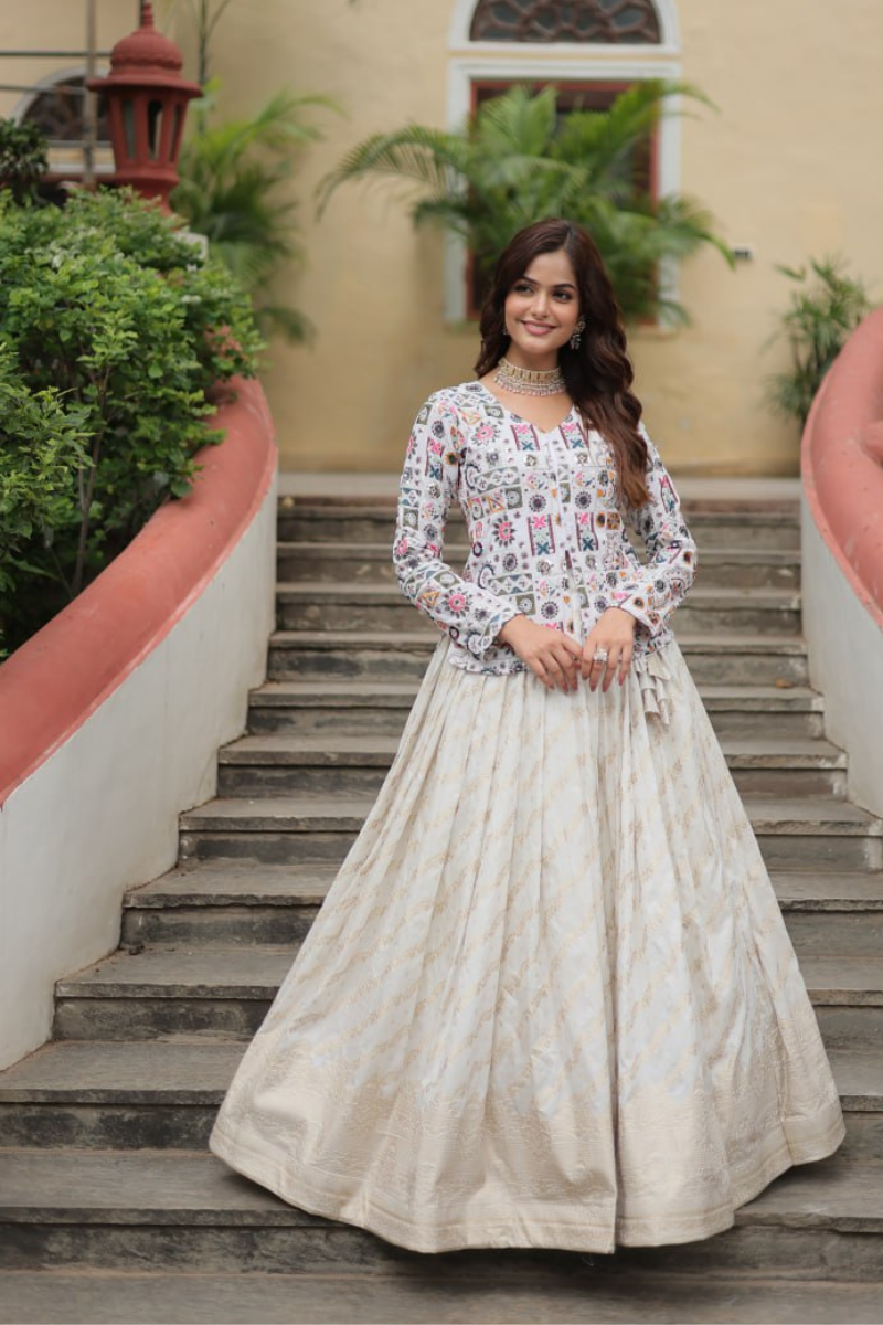 Lehanga with Top Set of White Pure Dayble Viscose Jequard