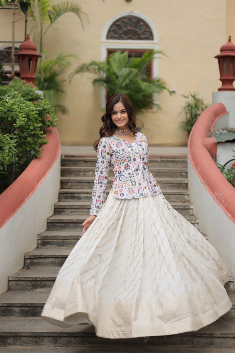 Lehanga with Top Set of White Pure Dayble Viscose Jequard