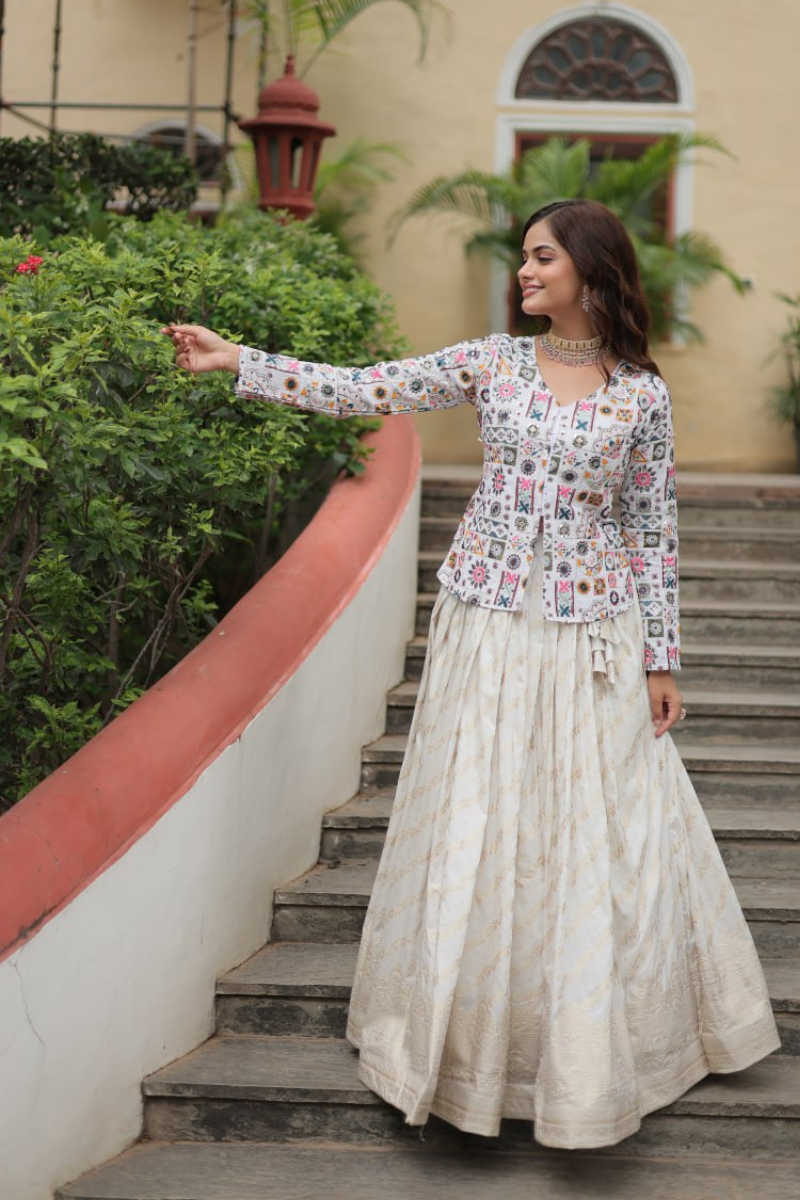 Lehanga with Top Set of White Pure Dayble Viscose Jequard