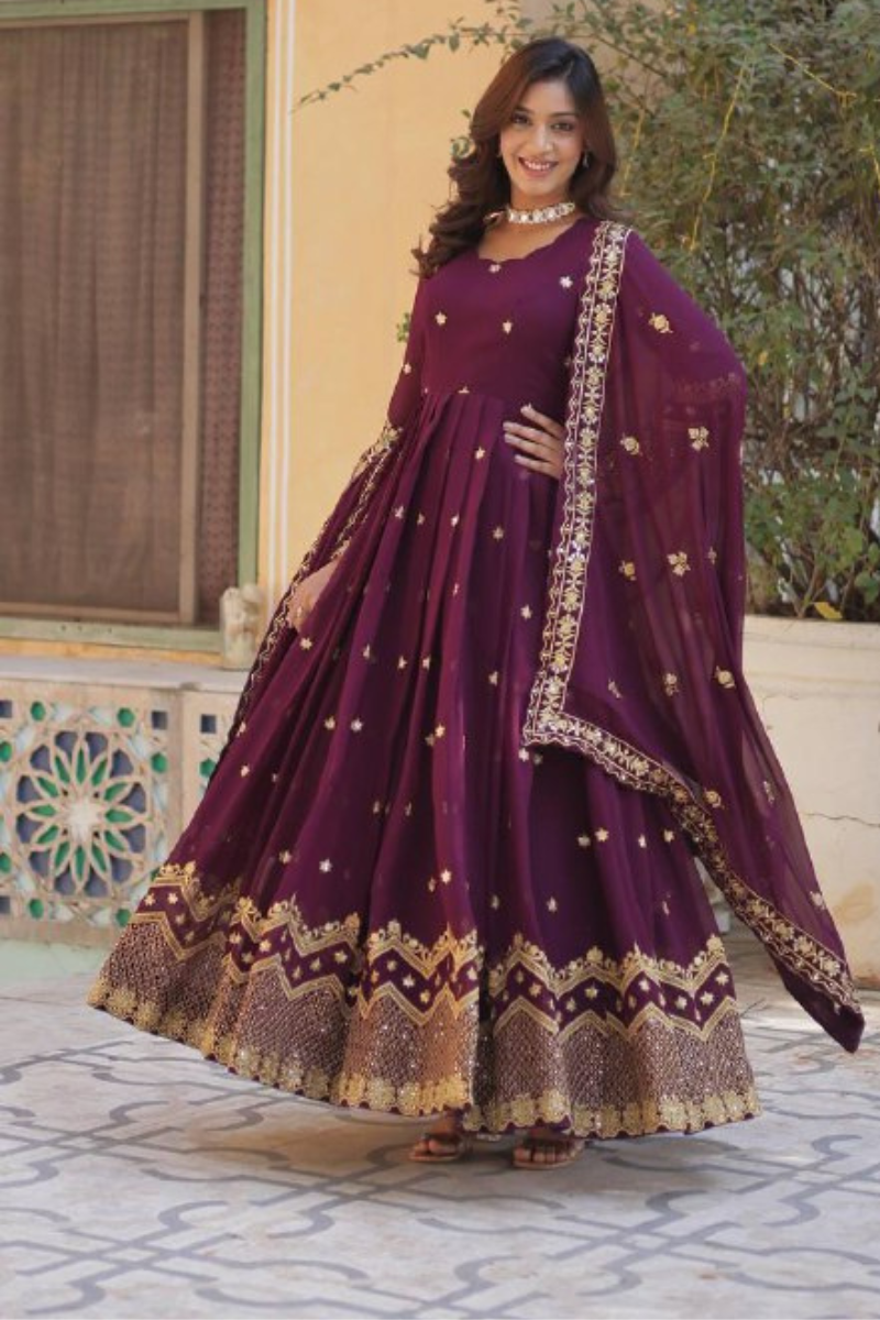Wine-Filled Georgette Dress with Dupatta