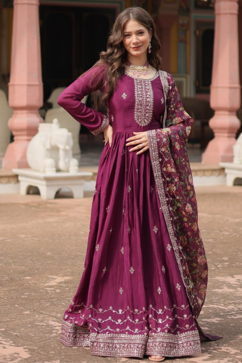 Tebby Silk Gown with Dupatta Printed with Wine Kalamkari