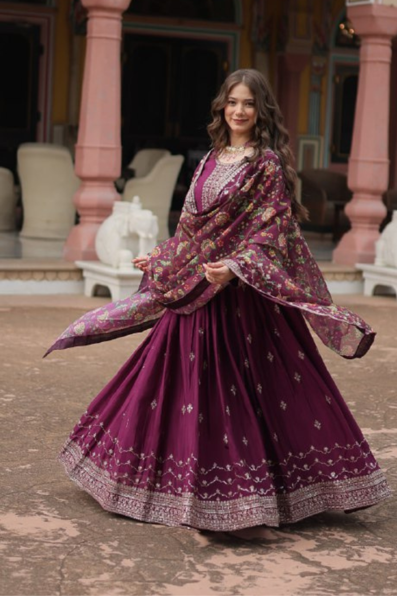 Tebby Silk Gown with Dupatta Printed with Wine Kalamkari