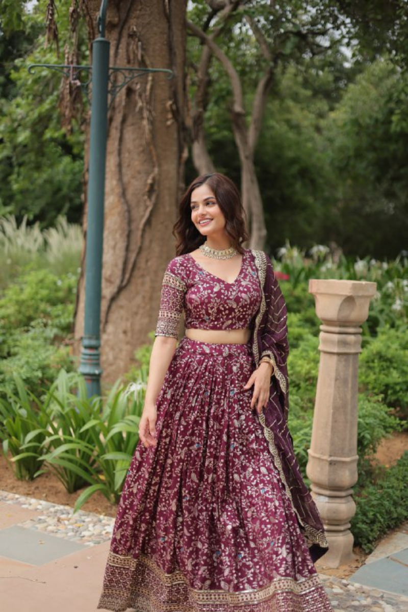 Viscose Jacquard Lehanga Choli Dupatta Set in Wine Pure Dyable