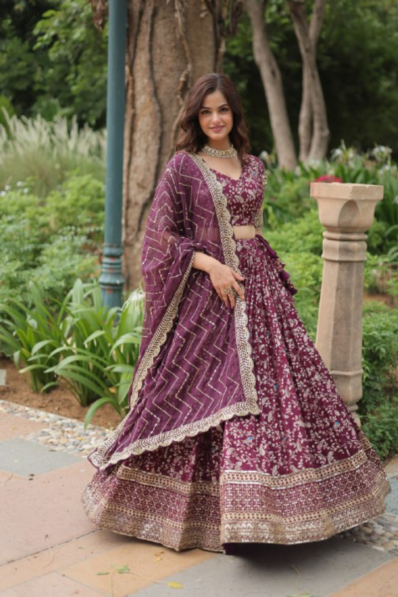 Viscose Jacquard Lehanga Choli Dupatta Set in Wine Pure Dyable