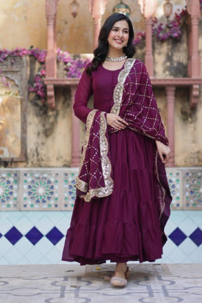 Wine Star Georgette Dress with Embroidered Duaptta