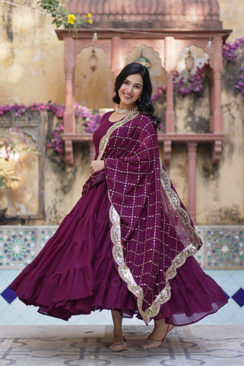 Wine Star Georgette Dress with Embroidered Duaptta