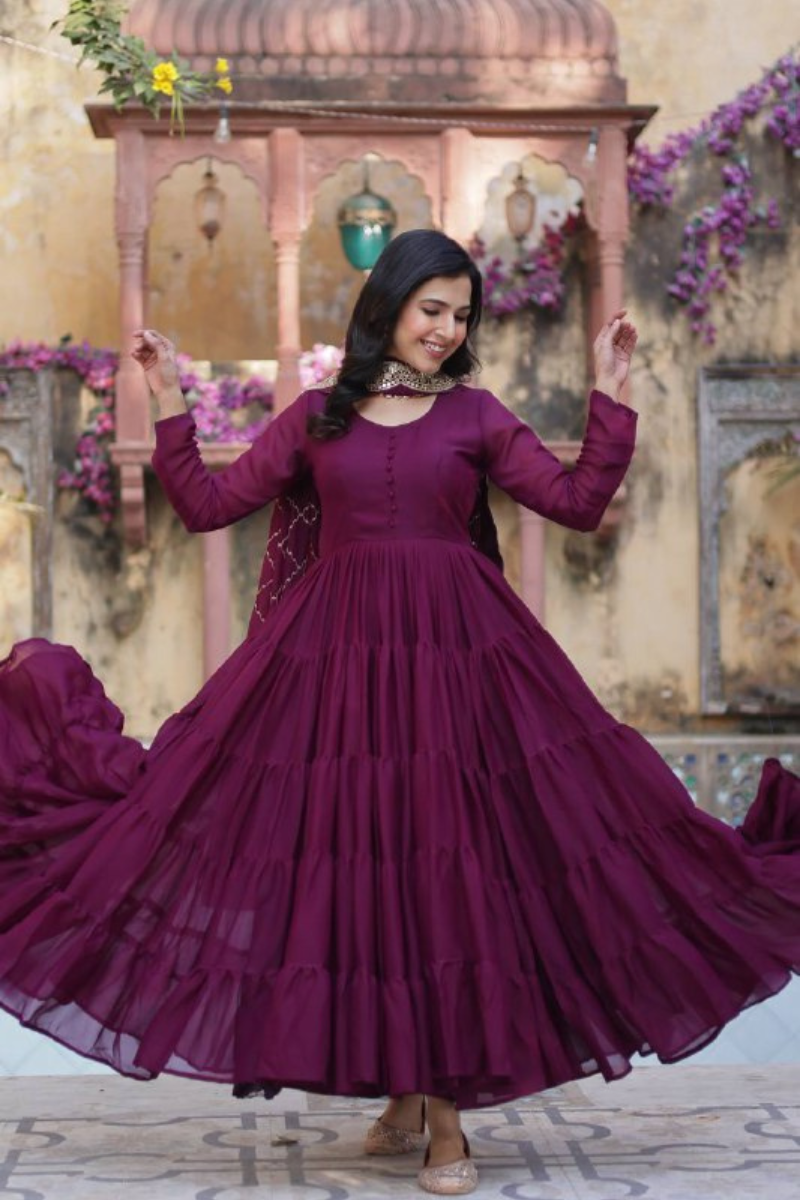 Wine Star Georgette Dress with Embroidered Duaptta