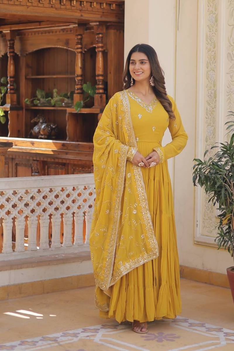 Yellow Faux Georgette Dress with Embroidered Dupatta