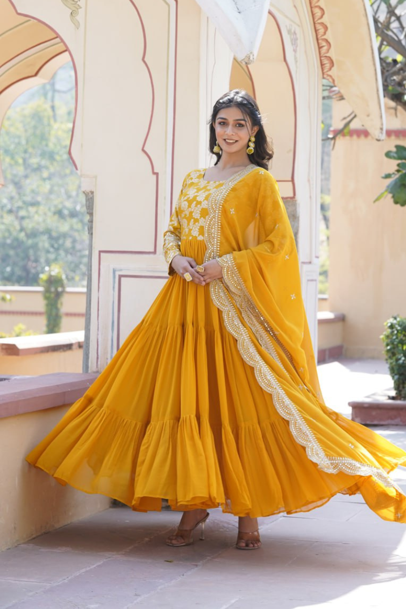 Diable Jacquard Gown in Yellow Viscose with Dupatta